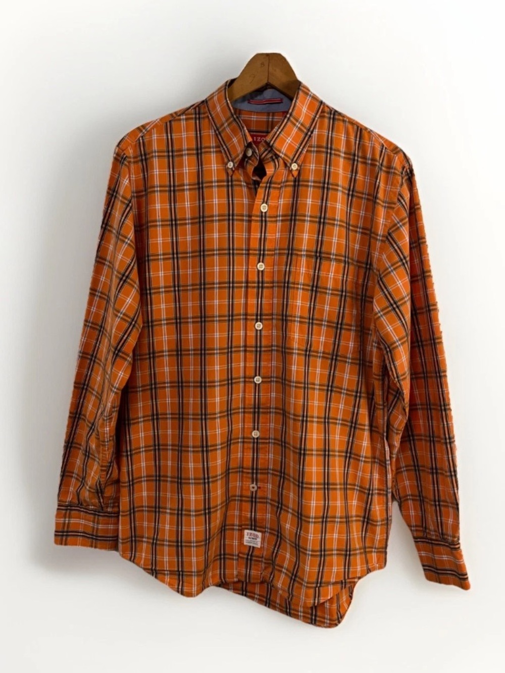 Izod Saltwater Men S Orange/Navy Plaid Button Up Long Sleeve Shirt Great Cond